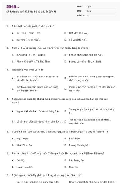 Đề kiểm tra cuối kì 2 Địa lí 6 có đáp án (Đề 3)