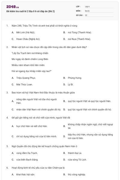 Đề kiểm tra cuối kì 2 Địa lí 6 có đáp án (Đề 2)