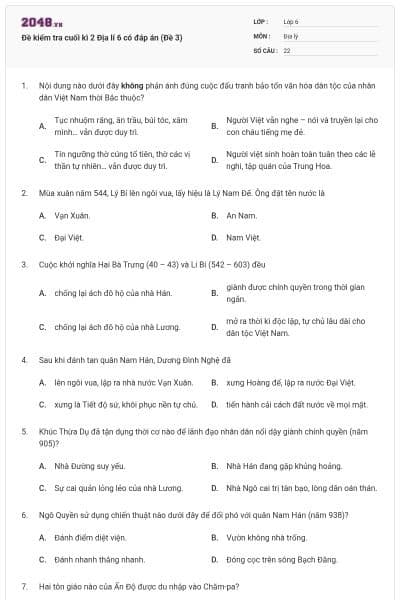 Đề kiểm tra cuối kì 2 Địa lí 6 có đáp án (Đề 3)