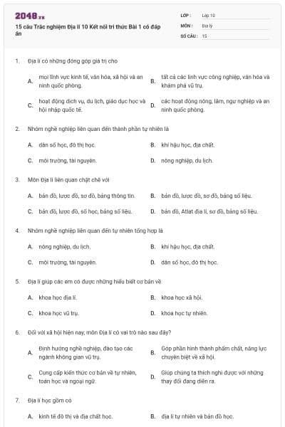 15 câu Trắc nghiệm Địa lí 10 Kết nối tri thức Bài 1 có đáp án