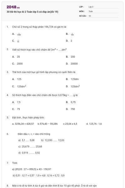 30 Đề thi học kì 2 Toán lớp 5 có đáp án(đề 19)