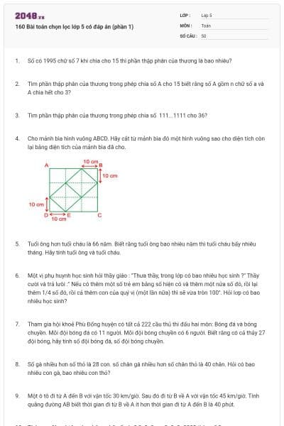 160 Bài toán chọn lọc lớp 5 có đáp án (phần 1)