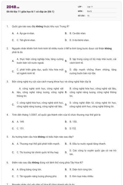 Đề thi Địa 11 giữa học kì 1 có đáp án (Đề 1)