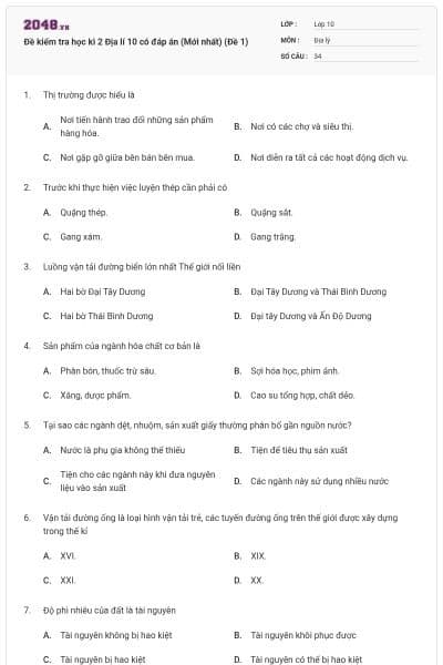 Đề kiểm tra học kì 2 Địa lí 10 có đáp án (Mới nhất) (Đề 1)