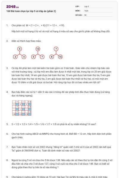 160 Bài toán chọn lọc lớp 5 có đáp án (phần 2)