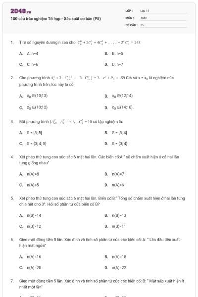 100 câu trắc nghiệm Tổ hợp - Xác suất cơ bản (P5)