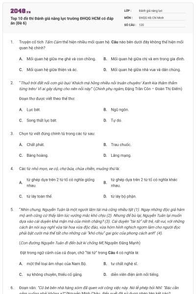 Top 10 đề thi Đánh giá năng lực trường ĐHQG HCM có đáp án (Đề 6)