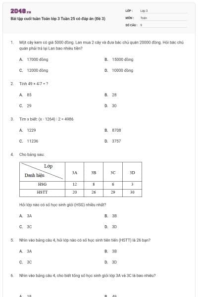 Bài tập cuối tuần Toán lớp 3 Tuần 25 có đáp án (Đề 3)