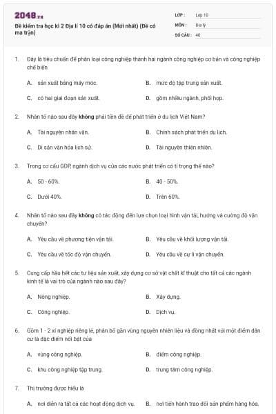 Đề kiểm tra học kì 2 Địa lí 10 có đáp án (Mới nhất) (Đề có ma trận)
