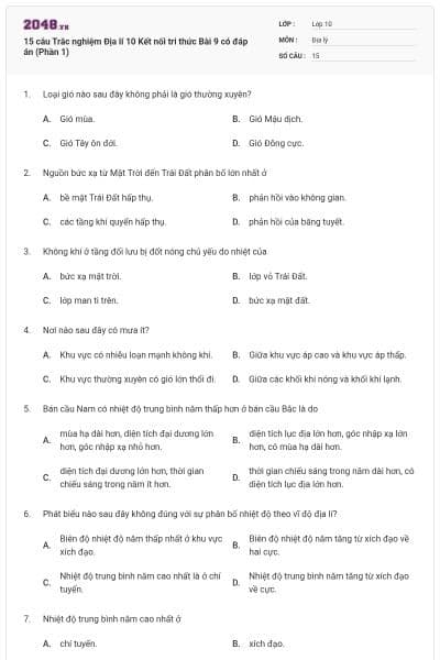 15 câu Trắc nghiệm Địa lí 10 Kết nối tri thức Bài 9 có đáp án (Phần 1)
