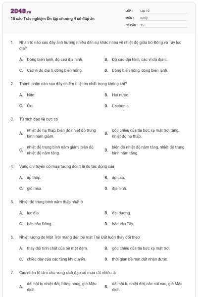 15 câu Trắc nghiệm Ôn tập chương 4 có đáp án