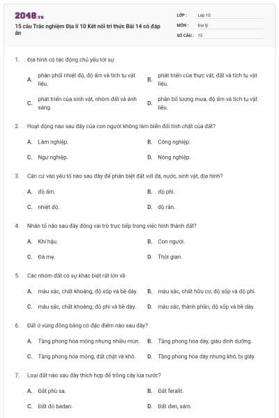 15 câu Trắc nghiệm Địa lí 10 Kết nối tri thức Bài 14 có đáp án