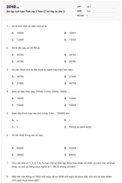 Bài tập cuối tuần Toán lớp 3 Tuần 27 có đáp án (Đề 1)