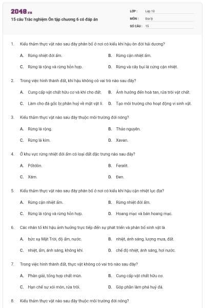 15 câu Trắc nghiệm Ôn tập chương 6 có đáp án