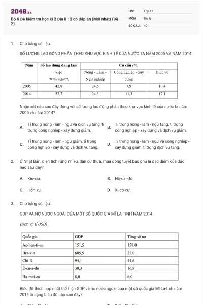 Bộ 6 Đề kiểm tra học kì 2 Địa lí 12 có đáp án (Mới nhất) (Đề 2)