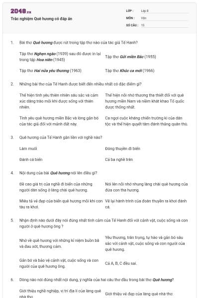 Trắc nghiệm Quê hương có đáp án