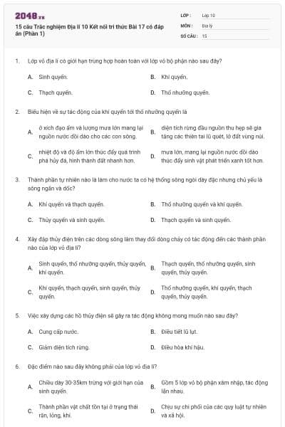 15 câu Trắc nghiệm Địa lí 10 Kết nối tri thức Bài 17 có đáp án (Phần 1)