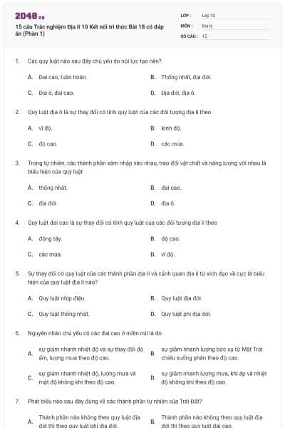 15 câu Trắc nghiệm Địa lí 10 Kết nối tri thức Bài 18 có đáp án (Phần 1)