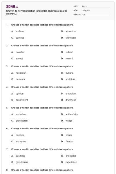 Chuyên đề 1: Pronunciation (phonenics and stress) có đáp án (Part 2)