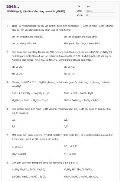 175 Bài tập Sự điện li cơ bản, nâng cao có lời giải (P5)