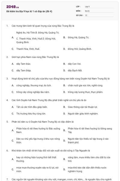 Đề kiểm tra Địa 9 học kì 1 có đáp án (đề 4)