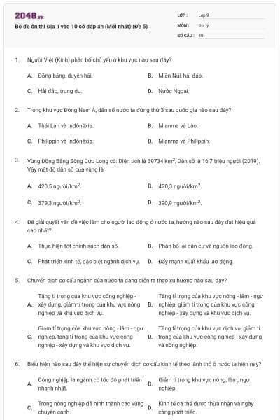 Bộ đề ôn thi Địa lí vào 10 có đáp án (Mới nhất) (Đề 5)