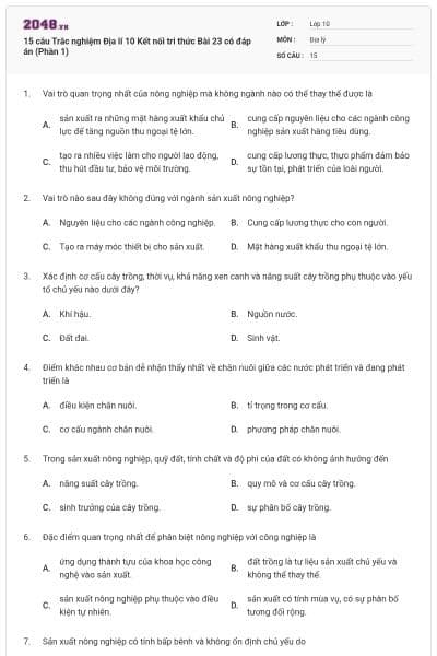 15 câu Trắc nghiệm Địa lí 10 Kết nối tri thức Bài 23 có đáp án (Phần 1)