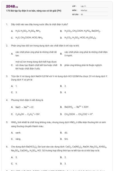 175 Bài tập Sự điện li cơ bản, nâng cao có lời giải (P4)