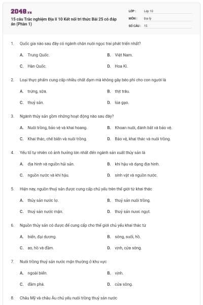 15 câu Trắc nghiệm Địa lí 10 Kết nối tri thức Bài 25 có đáp án (Phần 1)
