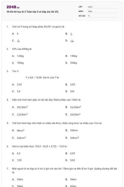 30 Đề thi học kì 2 Toán lớp 5 có đáp án( đề 25)