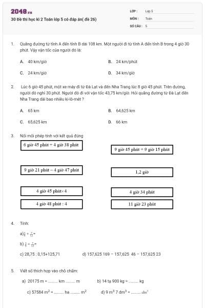 30 Đề thi học kì 2 Toán lớp 5 có đáp án( đề 26)