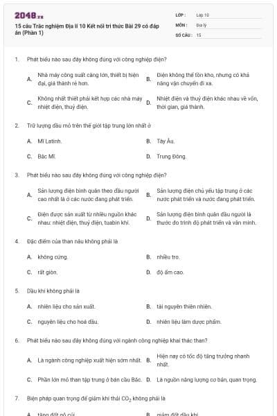 15 câu Trắc nghiệm Địa lí 10 Kết nối tri thức Bài 29 có đáp án (Phần 1)