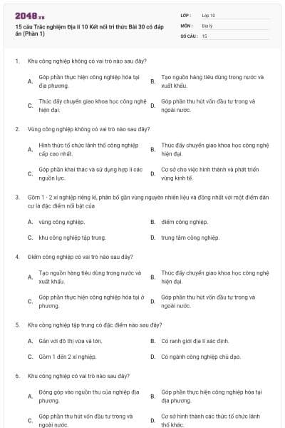 15 câu Trắc nghiệm Địa lí 10 Kết nối tri thức Bài 30 có đáp án (Phần 1)