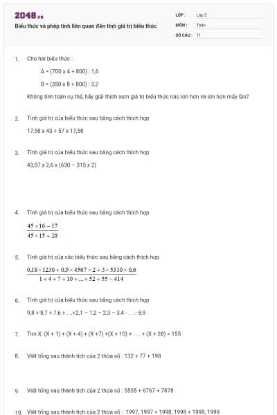 Biểu thức và phép tính liên quan đến tính giá trị biểu thức