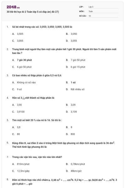 30 Đề thi học kì 2 Toán lớp 5 có đáp án( đề 27)