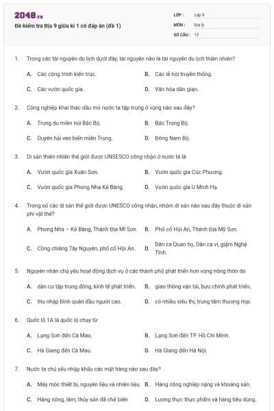 Đề kiểm tra Địa 9 giữa kì 1 có đáp án (đề 1)