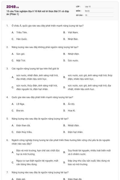 15 câu Trắc nghiệm Địa lí 10 Kết nối tri thức Bài 31 có đáp án (Phần 1)