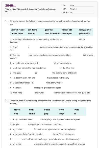 Trắc nghiệm Chuyên đề 2: Grammar (verb forms) có đáp án