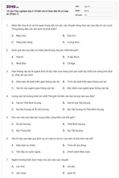 15 câu Trắc nghiệm Địa lí 10 Kết nối tri thức Bài 34 có đáp án (Phần 1)