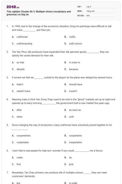 Trắc nghiệm Chuyên đề 3: Multiple choice (vocabulary and grammar) có đáp án