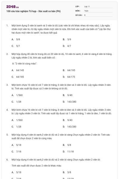 100 câu trắc nghiệm Tổ hợp - Xác suất cơ bản (P6)