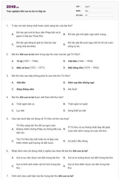 Trắc nghiệm Khi con tu hú có đáp án