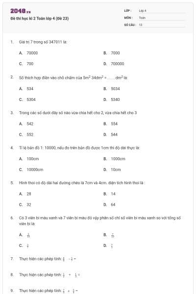 Đề thi học kì 2 Toán lớp 4 (Đề 23)