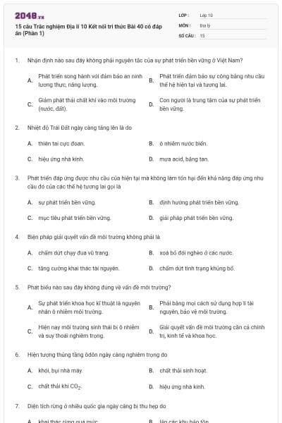 15 câu Trắc nghiệm Địa lí 10 Kết nối tri thức Bài 40 có đáp án (Phần 1)