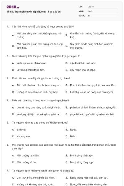 15 câu Trắc nghiệm Ôn tập chương 13 có đáp án