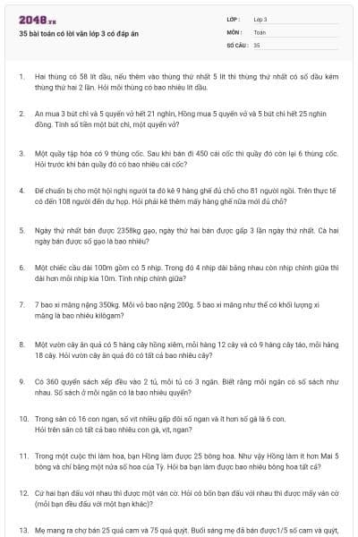 35 bài toán có lời văn lớp 3 có đáp án