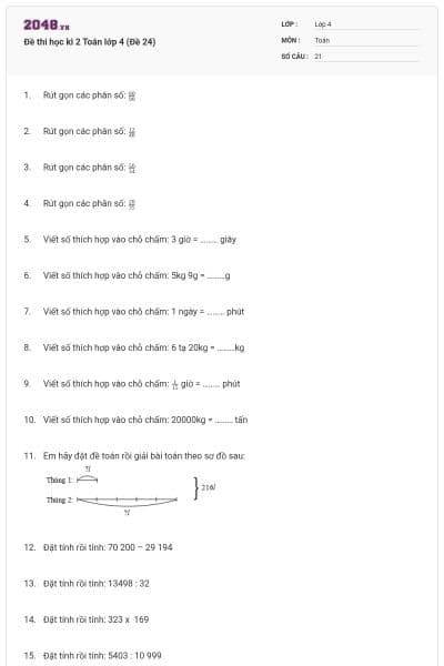 Đề thi học kì 2 Toán lớp 4 (Đề 24)