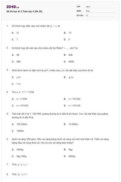 Đề thi học kì 2 Toán lớp 4 (Đề 26)