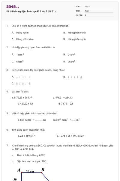 Đề thi trắc nghiệm Toán học kì 2 lớp 5 (Đề 21)