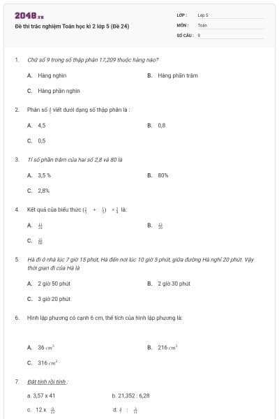 Đề thi trắc nghiệm Toán học kì 2 lớp 5 (Đề 24)